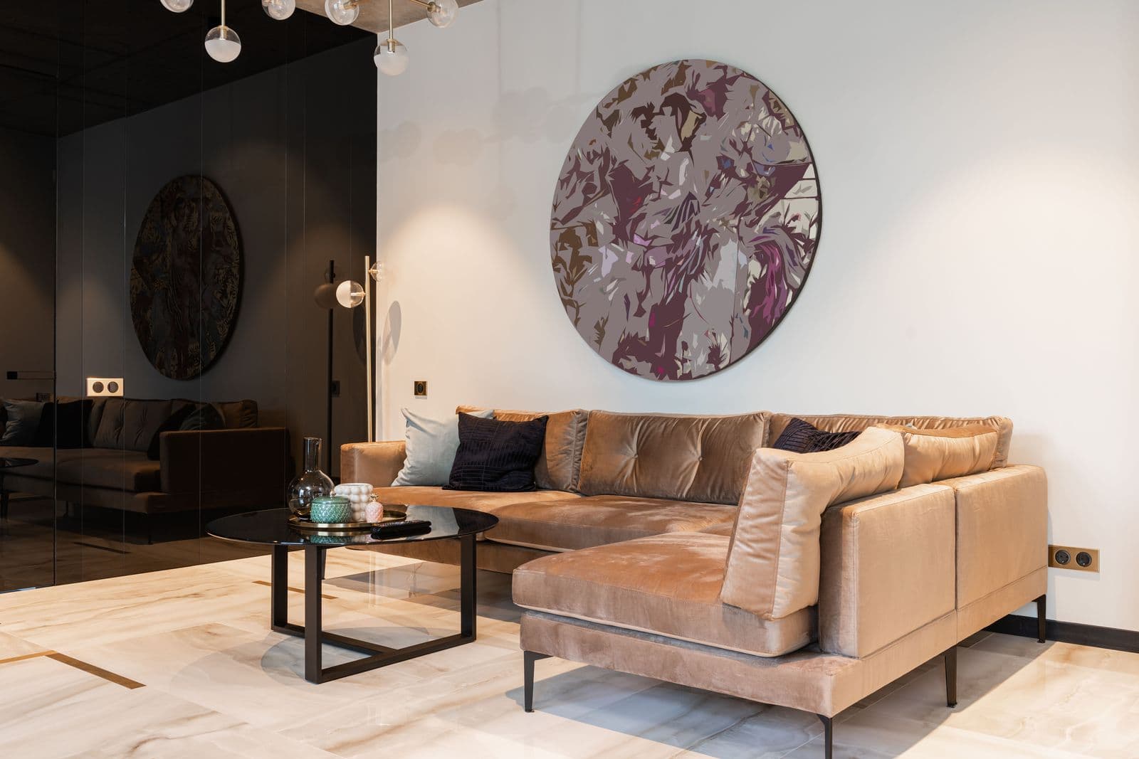 A modern living room with a large round frameless wall panel in marbled purple-grey mounted above a beige sectional sofa.