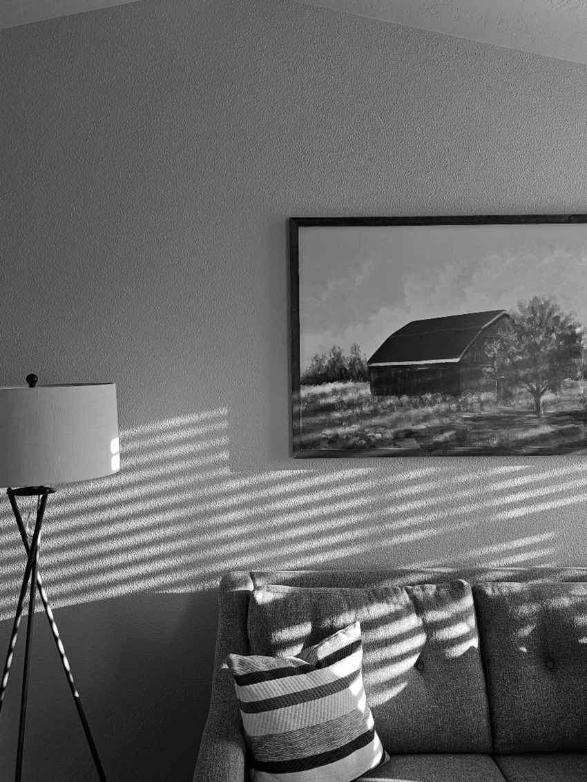 Black-and-white photograph of a large framed barn painting hanging above a sofa next to a floor lamp, with striped sunlight across the wall